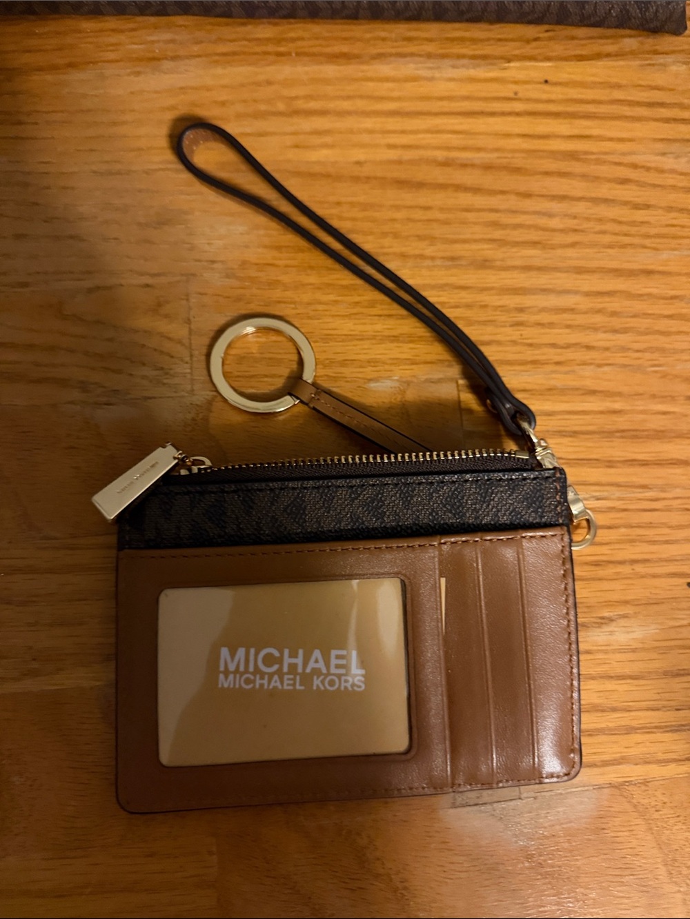 Michael Kors Brown and Black Leather Wristlet Card Case with Key Ring